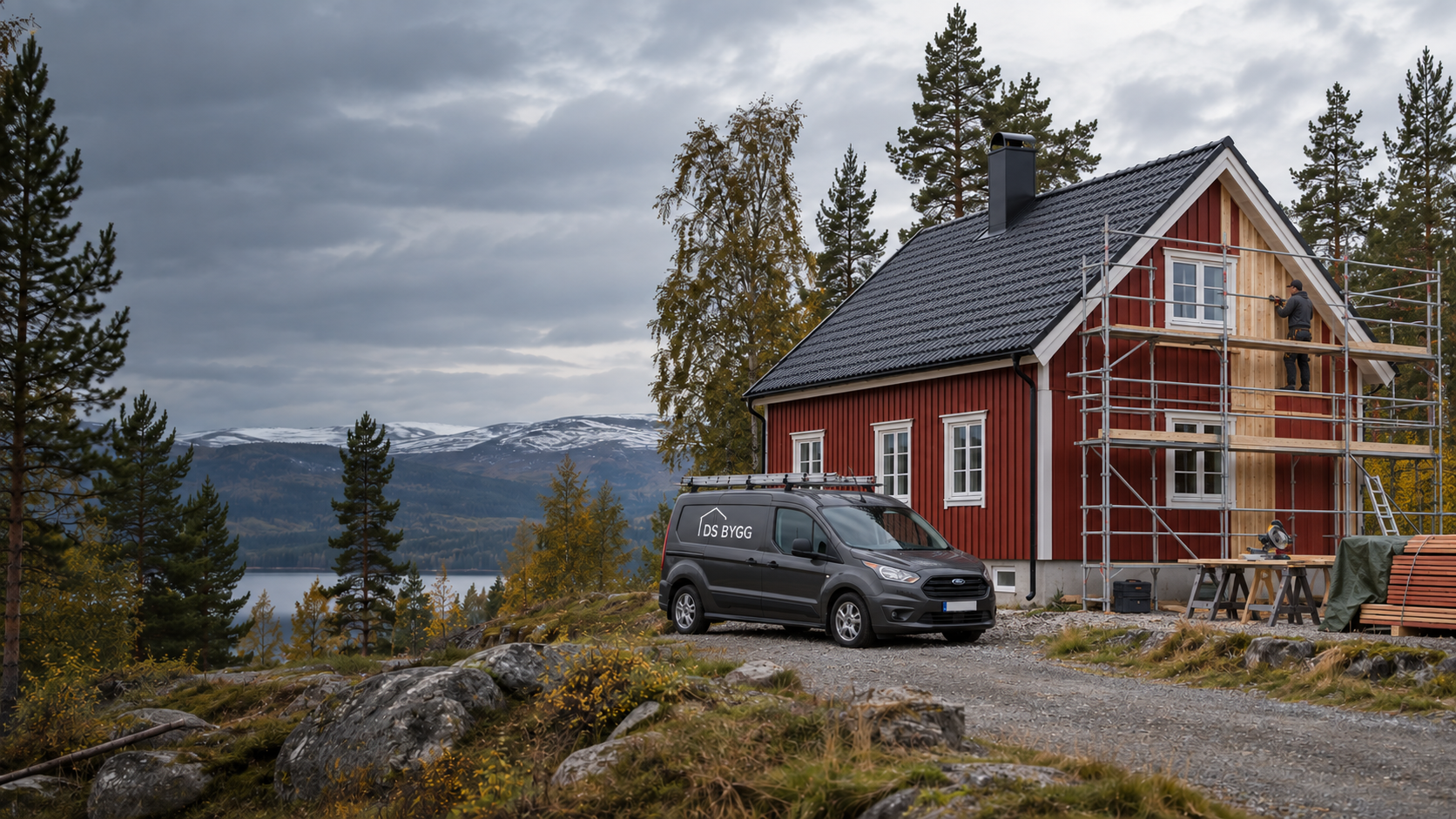 Panelbyte på ett jämtländskt trähus med DS Byggs arbetsbil på plats